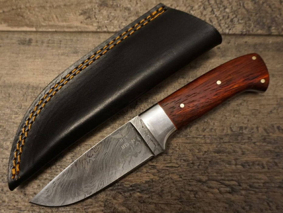HTS 84p Paduk Wood Skinner / 3.5" Blade / Hand Crafted and Hand Forged/ Damascus Steel / Fire Pattern