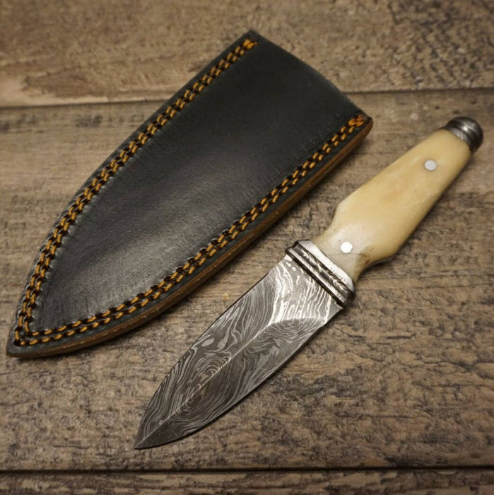 HTS 400b Bone BOOT KNIFE / 3" Blade / Hand Crafted and Hand Forged/ Damascus Steel / Fire Pattern / Clip Sheath - HomeTown Knives