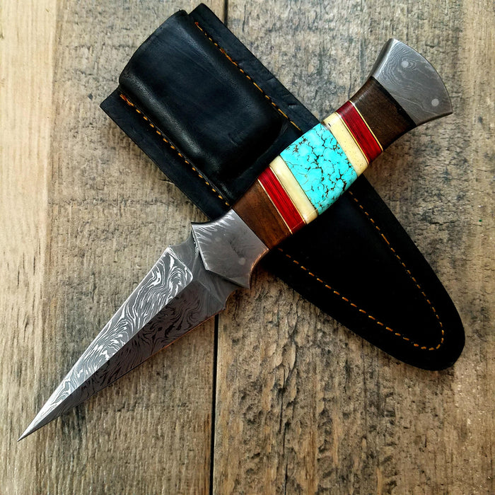 HTS-401 Custom Handmade Damascus steel BOOT Knife/ Dagger Knife / Turquoise Bone + Walnut + Camel Bone Handle / EXCLUSIVE / HomeTown Knives - HomeTown Knives