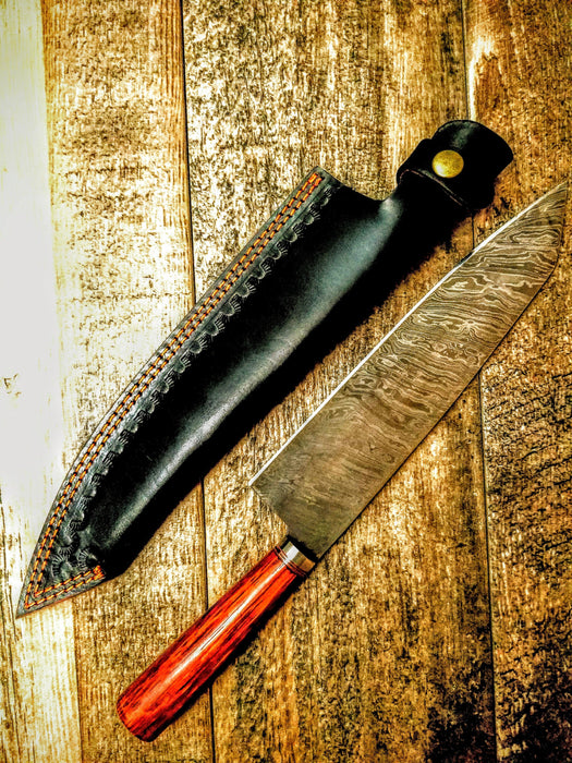 HTS-500 /  Damascus Knife custom handmade  Chef Knife / / 10" Long Damascus Blade / 5" Paduk Handle / Hex Grind / Ergonomics - HomeTown Knives