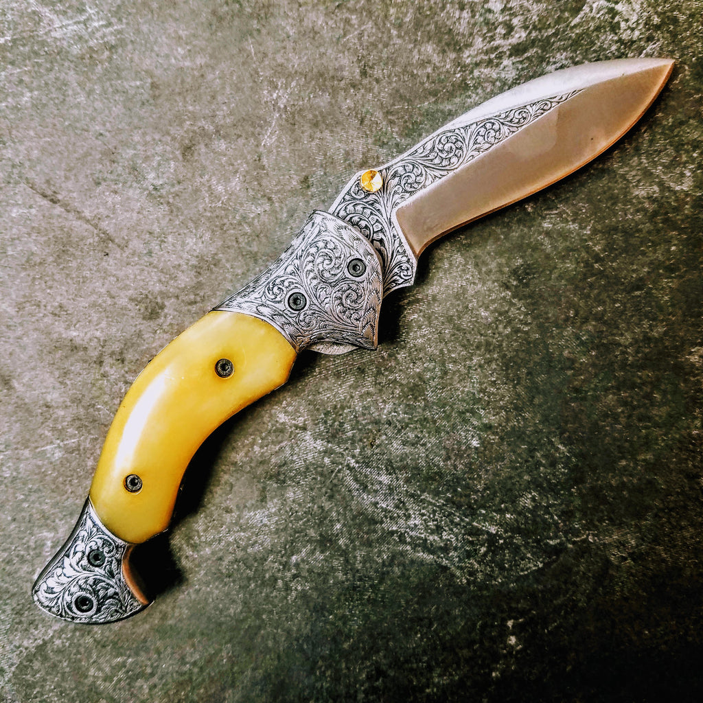 HTS-601 / 440C hand Engraved Folder / High End Art / Handcrafted / Hometown Knives / ONLY 1 on hand - HomeTown Knives