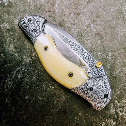 HTS-601 / 440C hand Engraved Folder / High End Art / Handcrafted / Hometown Knives / ONLY 1 on hand - HomeTown Knives