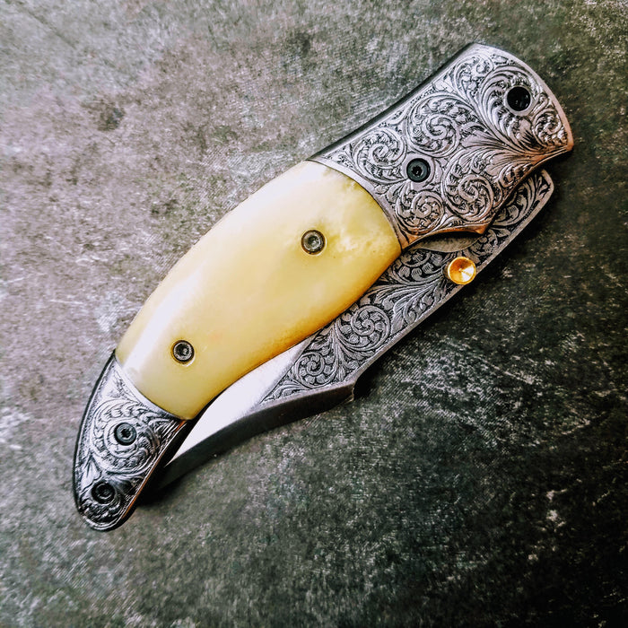 HTS-602 / 440C hand Engraved Folder / High End Art / Handcrafted / Hometown Knives / ONLY 1 on hand - HomeTown Knives