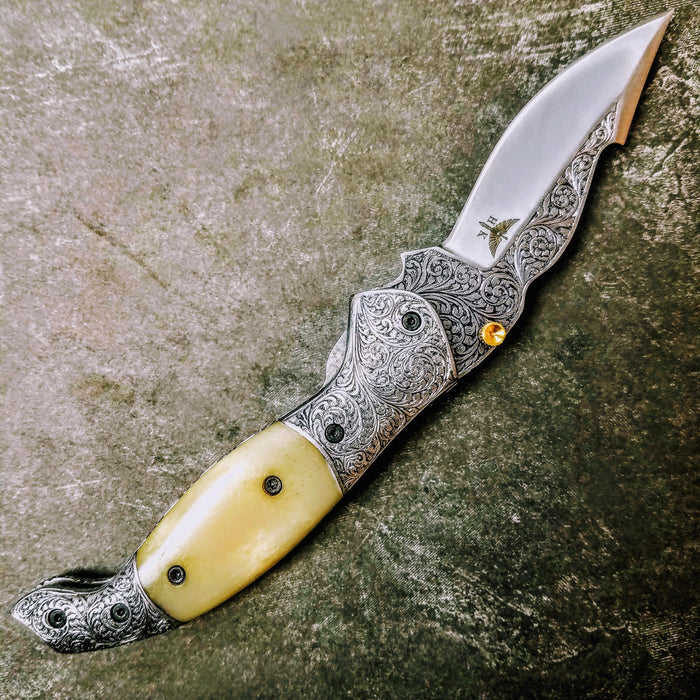 HTS-603 / 440C hand Engraved Folder / High End Art / Handcrafted / Hometown Knives / ONLY 1 on hand - HomeTown Knives