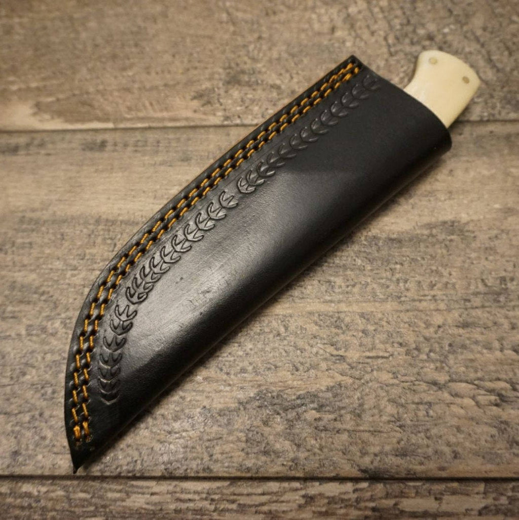 HTS-84 White Bone Skinner / 3.5" Blade / Hand Crafted and Hand Forged/ Damascus Steel / Fire Pattern - HomeTown Knives