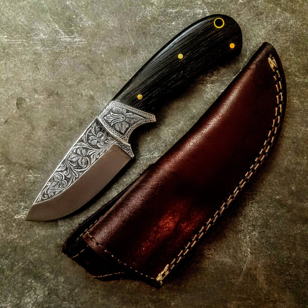 HTS-703 Knife/ Skinner / HAND ENGRAVED /  Hunting / Camping / Hand Made / Custom / Wenge Handle / 440C / High Hardness