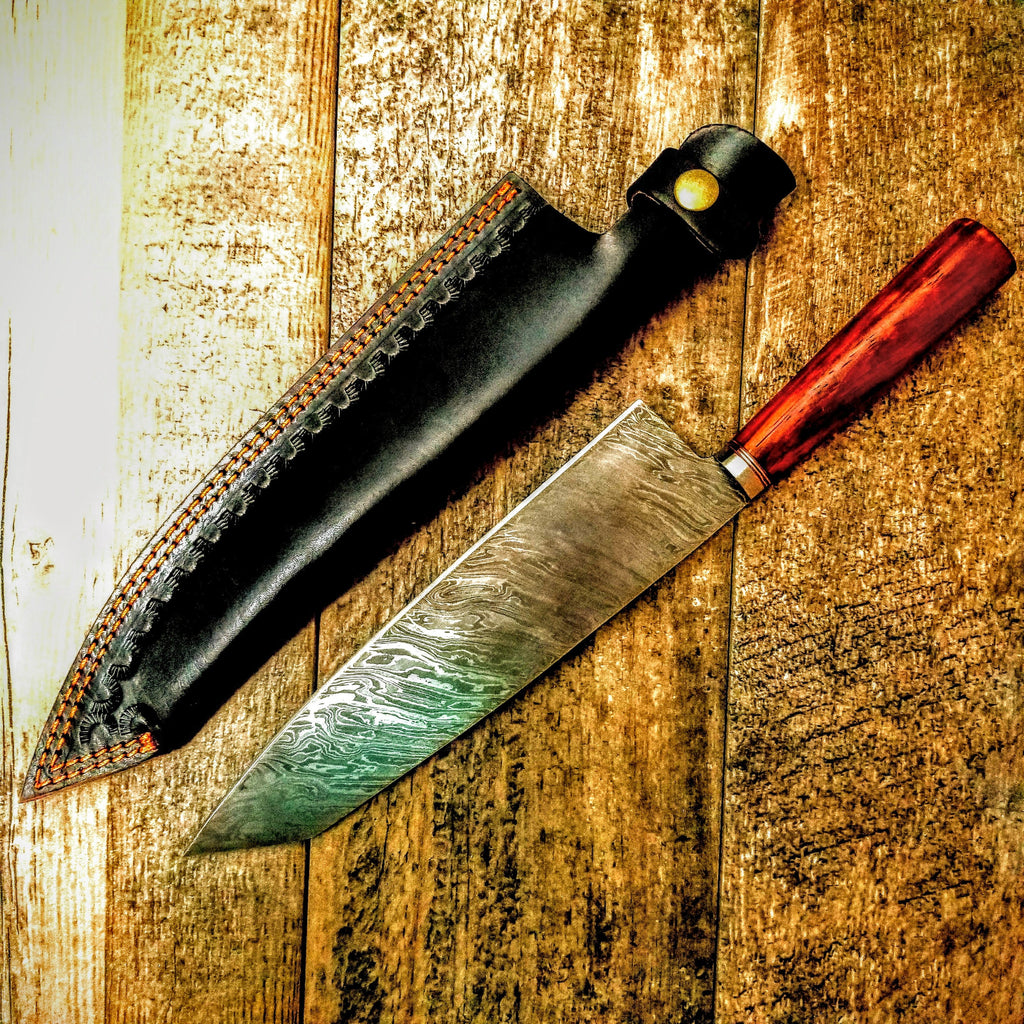 HTS-500 /  Damascus Knife custom handmade  Chef Knife / / 10" Long Damascus Blade / 5" Paduk Handle / Hex Grind / Ergonomics - HomeTown Knives