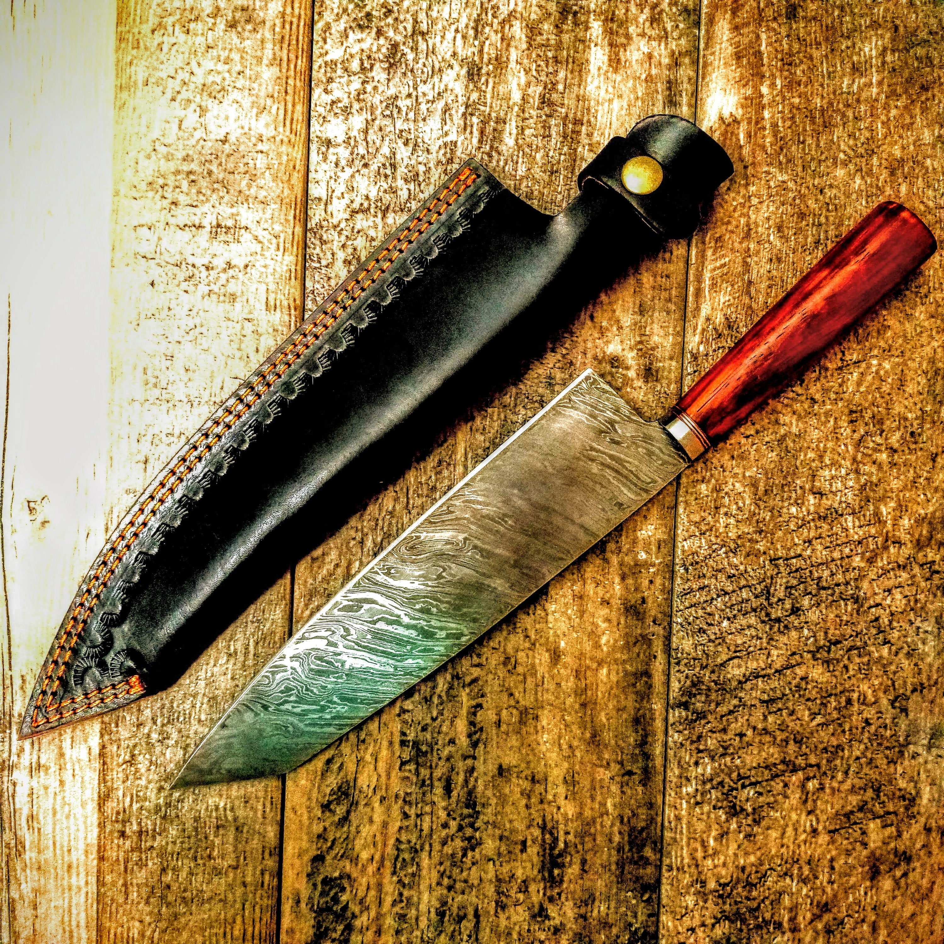 HTS-500 /  Damascus Knife custom handmade  Chef Knife / / 10" Long Damascus Blade / 5" Paduk Handle / Hex Grind / Ergonomics - HomeTown Knives