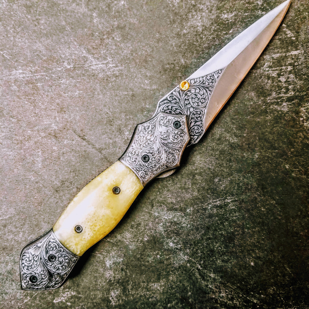 HTS-604 / 440C hand Engraved Folder / High End Art / Handcrafted / Hometown Knives / ONLY 1 on hand - HomeTown Knives