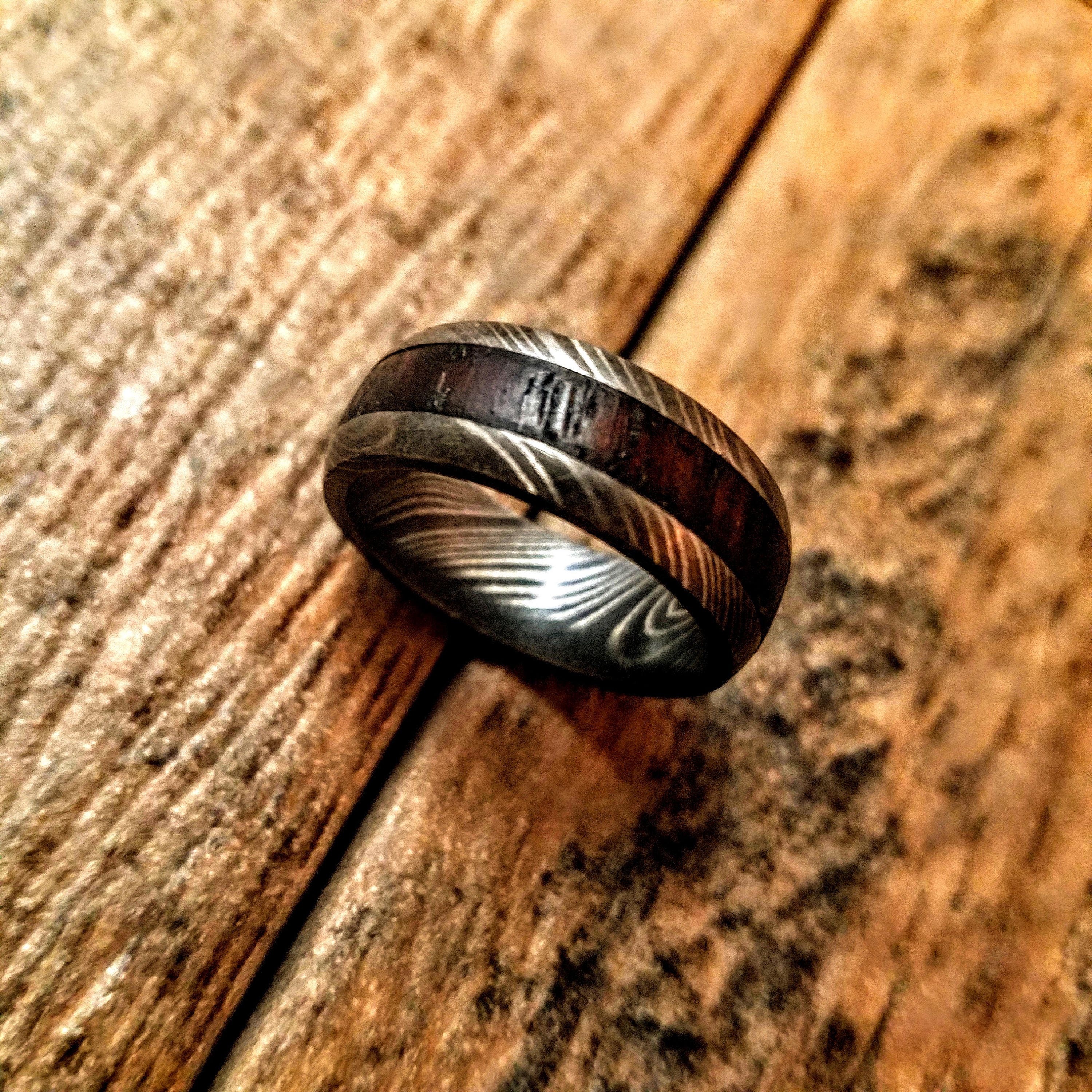 HTR4 - Damascus Ring :  Embedded African Wenge Liner - UNIQUE - Only at HomeTown Knives
