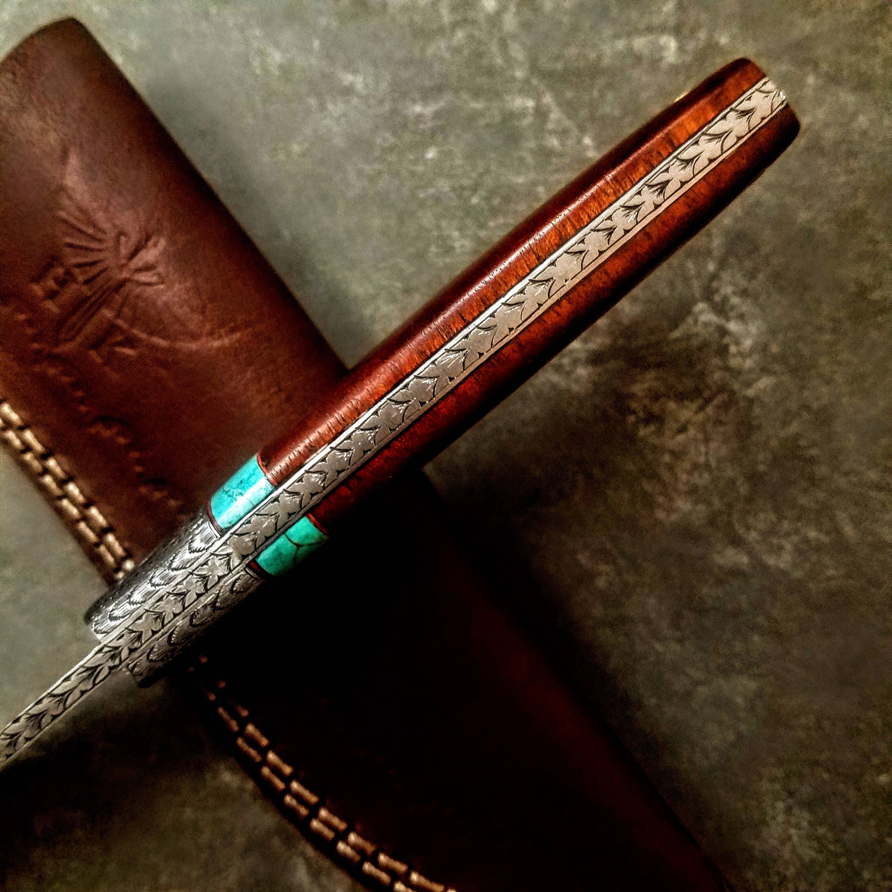 HTS-702 Knife/ Skinner / HAND ENGRAVED /  Hunting / Camping / Hand Made / Custom / Mahogany Handle / 440C / High Hardness - HomeTown Knives