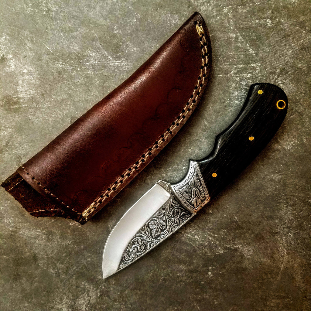 HTS-703 Knife/ Skinner / HAND ENGRAVED /  Hunting / Camping / Hand Made / Custom / Wenge Handle / 440C / High Hardness