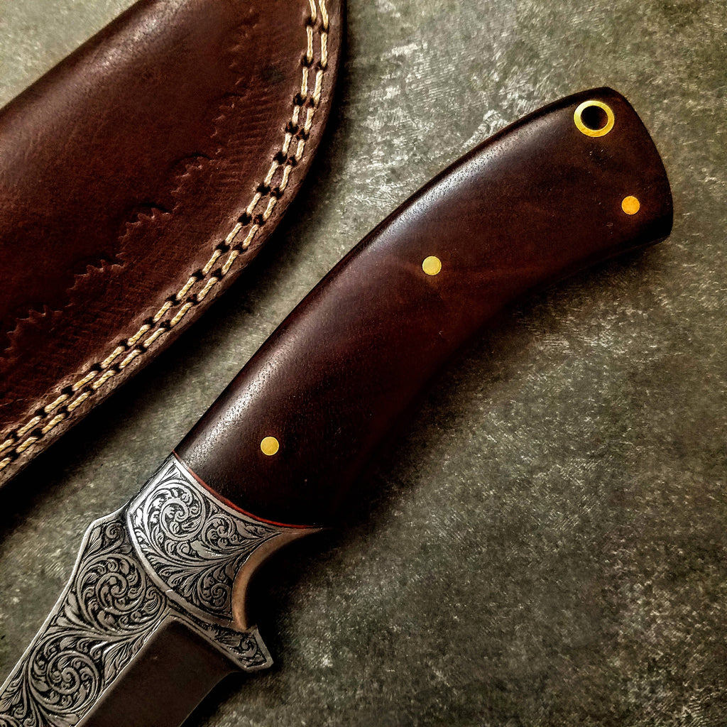 HTS-706 Knife/ Skinner / HAND ENGRAVED /  Hunting / Camping / Hand Made / Custom / Bone Handle / 440C / High Hardness - HomeTown Knives