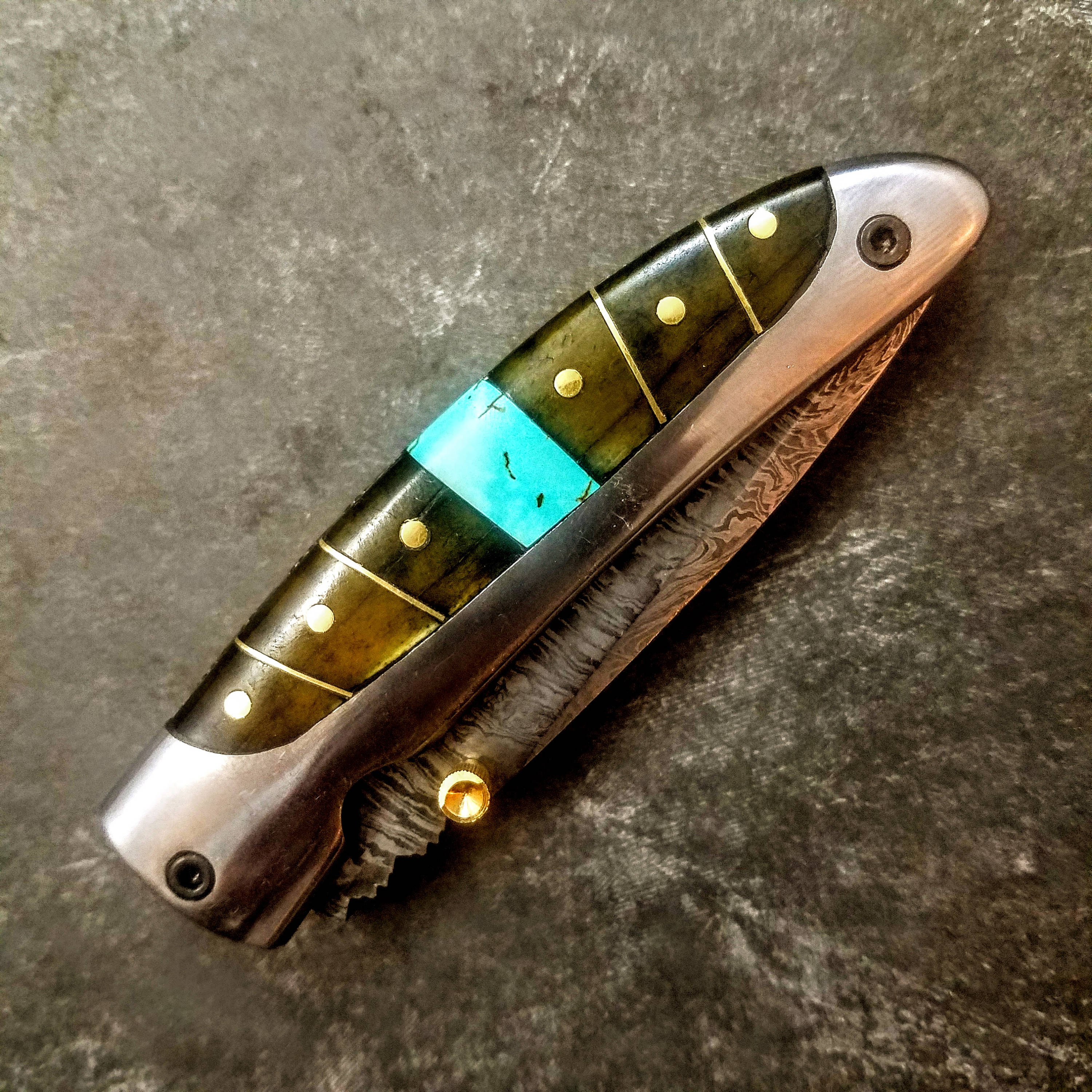 HTS-9  Damascus Knife custom handmade Folder / Micarta handle / Damascus bolsters - HomeTown Knives