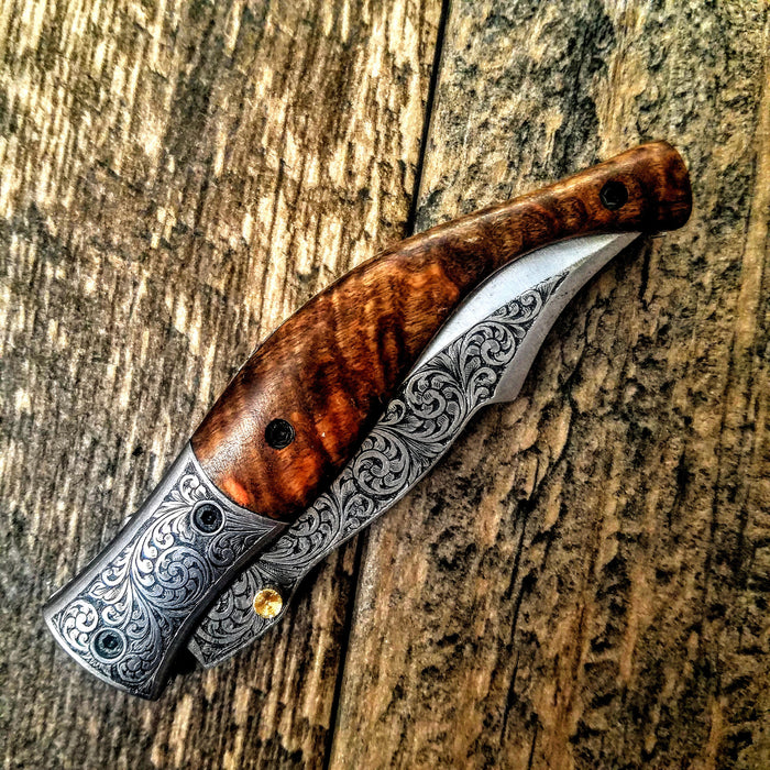HTS-622 / 440C hand Engraved w/ Olive Folder / High End Art / RUST Free / Handcrafted / Hometown Knives / EXCLUSIVE