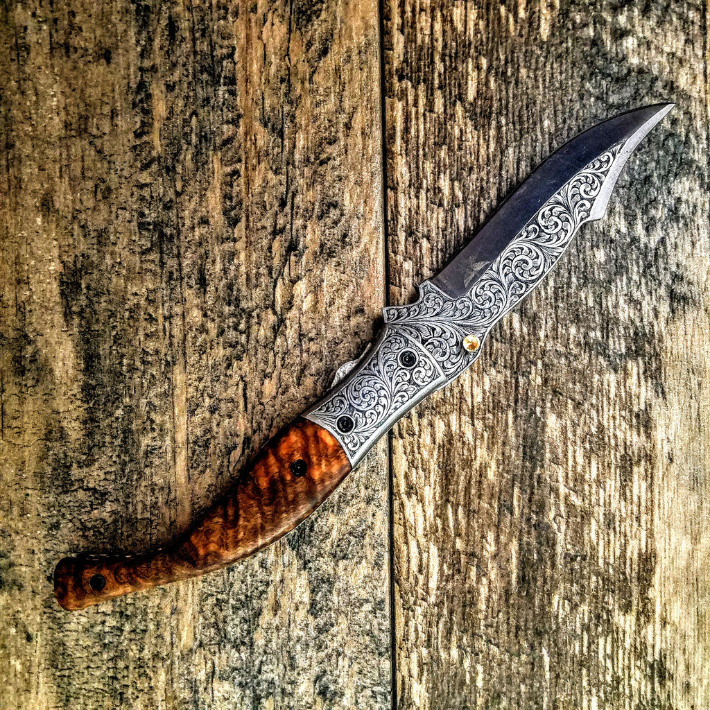 HTS-622 / 440C hand Engraved w/ Olive Folder / High End Art / RUST Free / Handcrafted / Hometown Knives / EXCLUSIVE