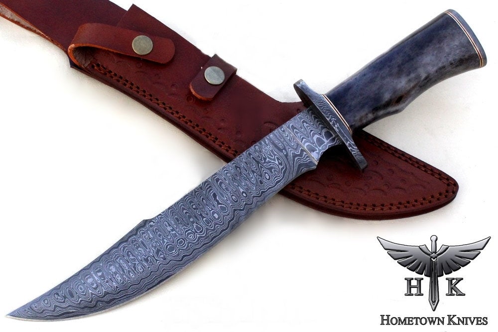 HTK1015 Damascus Knife Custom Handmade Bowie / Color Camel Bone Handle / Damascus Fittings - HomeTown Knives