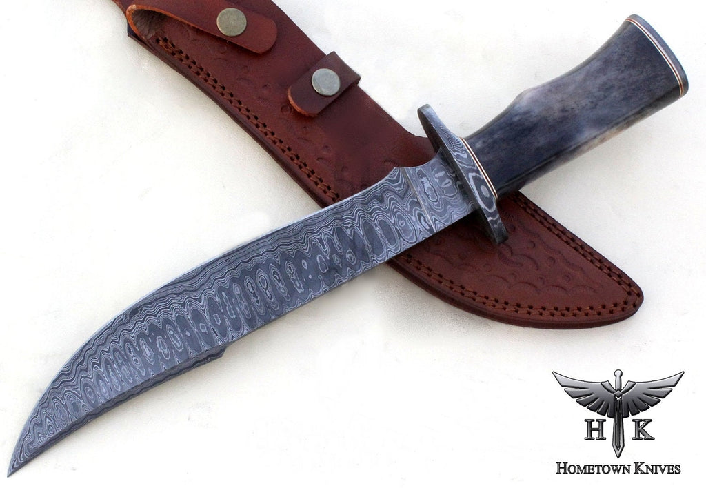 HTK1015 Damascus Knife Custom Handmade Bowie / Color Camel Bone Handle / Damascus Fittings - HomeTown Knives