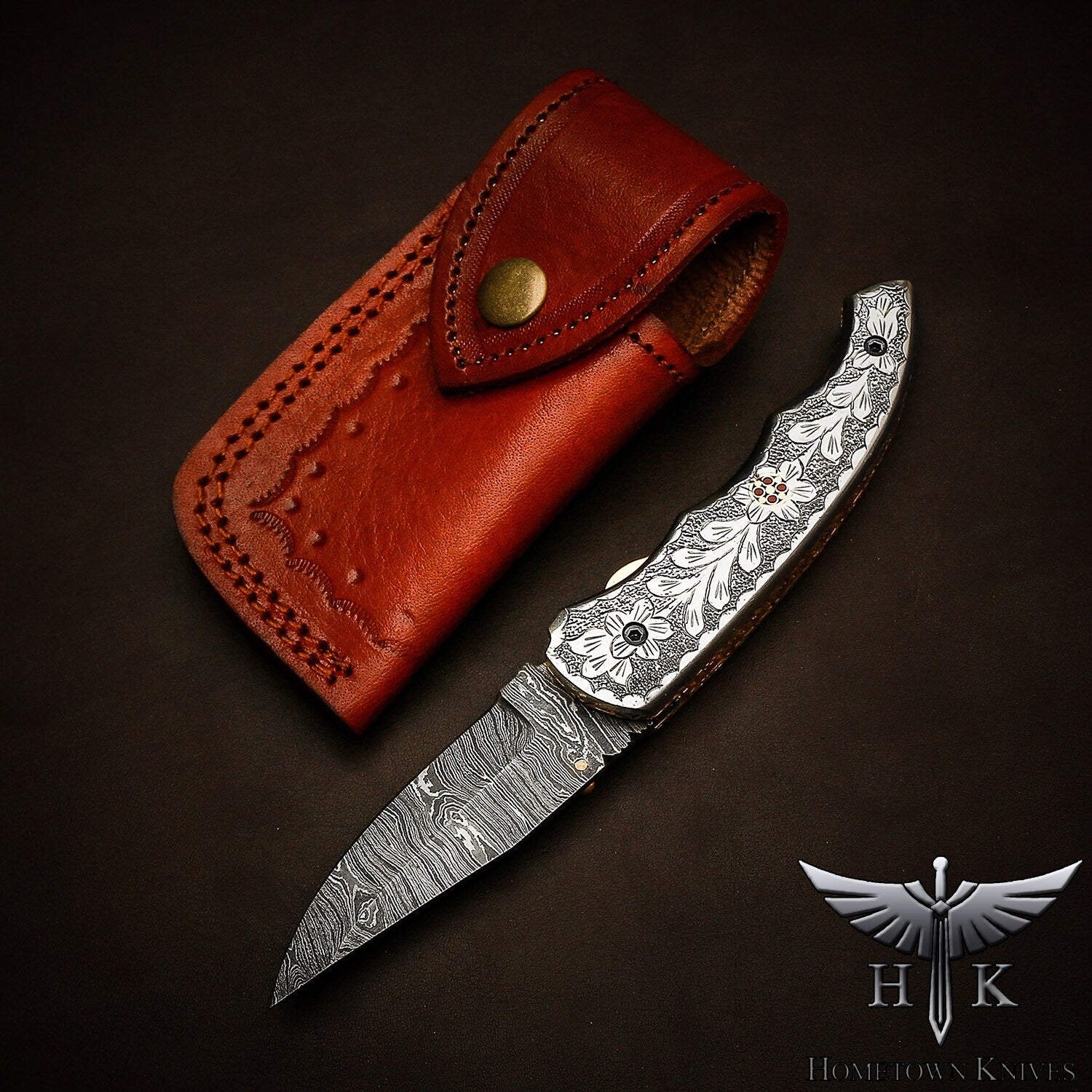 HTK2157  Damascus Knife Custom Handmade Liner Lock Pocket knife Folder / White Copper Handle