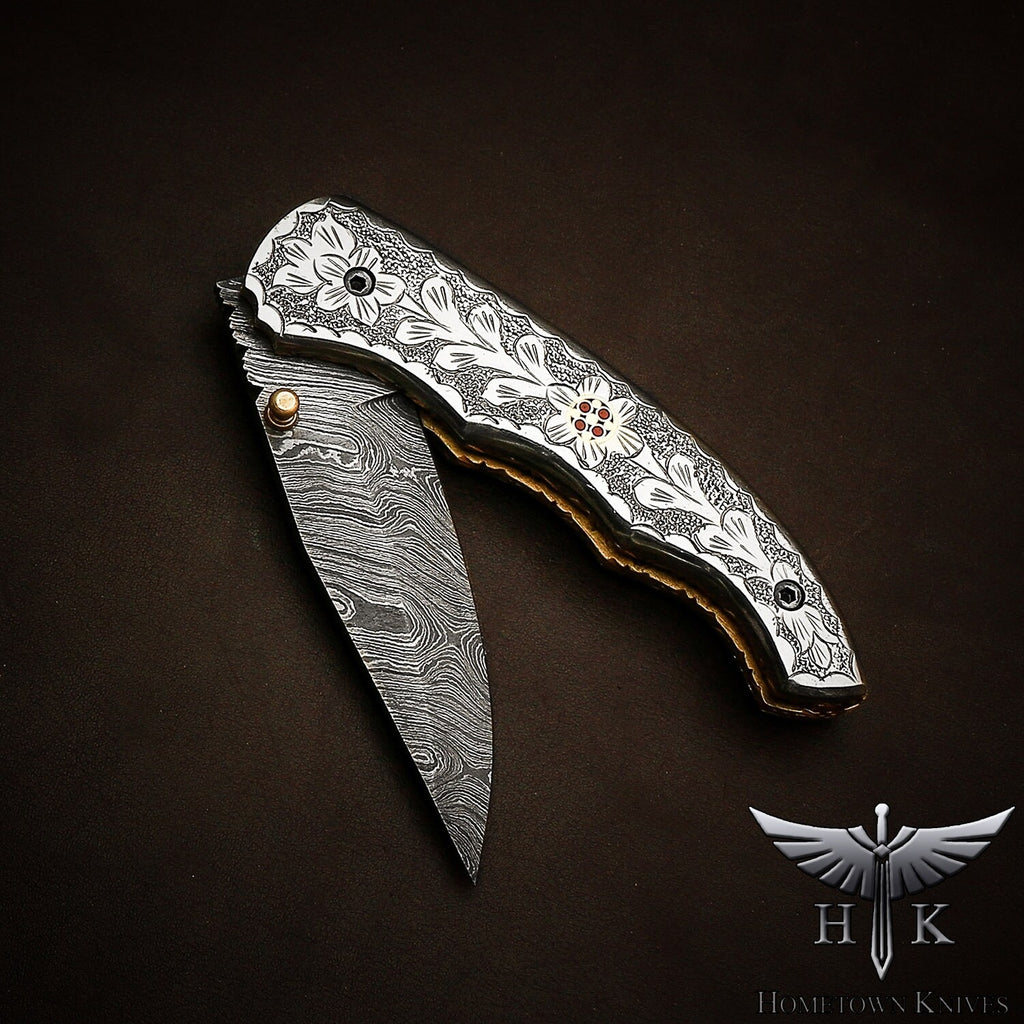 HTK2157  Damascus Knife Custom Handmade Liner Lock Pocket knife Folder / White Copper Handle