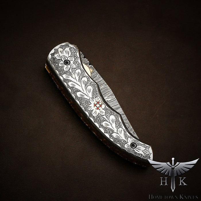 HTK2157  Damascus Knife Custom Handmade Liner Lock Pocket knife Folder / White Copper Handle