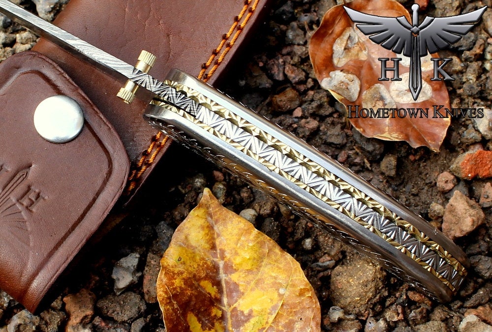 HTK7029  Damascus Knife Custom Handmade Liner Lock Pocket knife Folder / Stainless Steel engraved  Handle