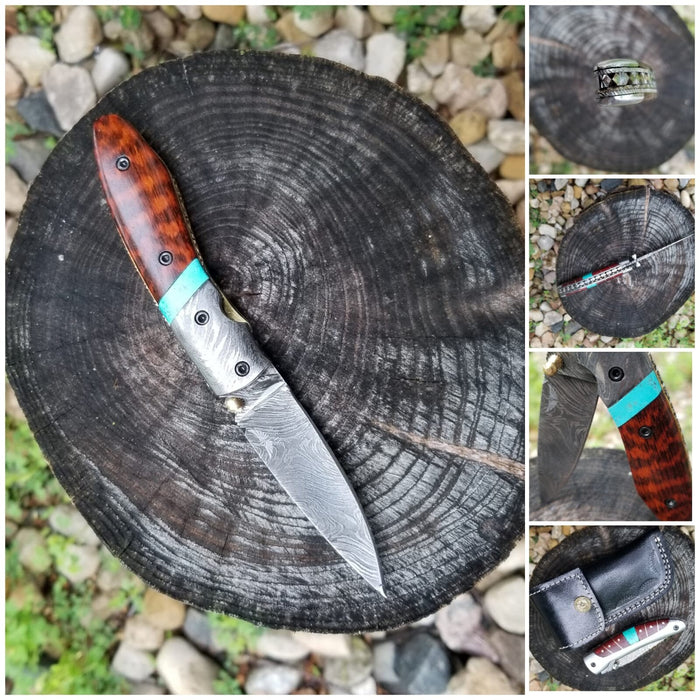 HTS-800 Damascus Drop Point / Leopard Snake Wood / Turquoise Inlay / Folder / Special Series / Hand crafted / - HomeTown Knives