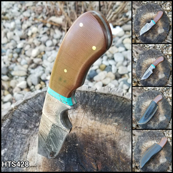 HTS-428 Custom Handmade Damascus Hunter Knife/ Fixed Blade Skinner Knife / Turquoise Stone with Micarta Handle / EXCLUSIVE / HomeTown Knives - HomeTown Knives