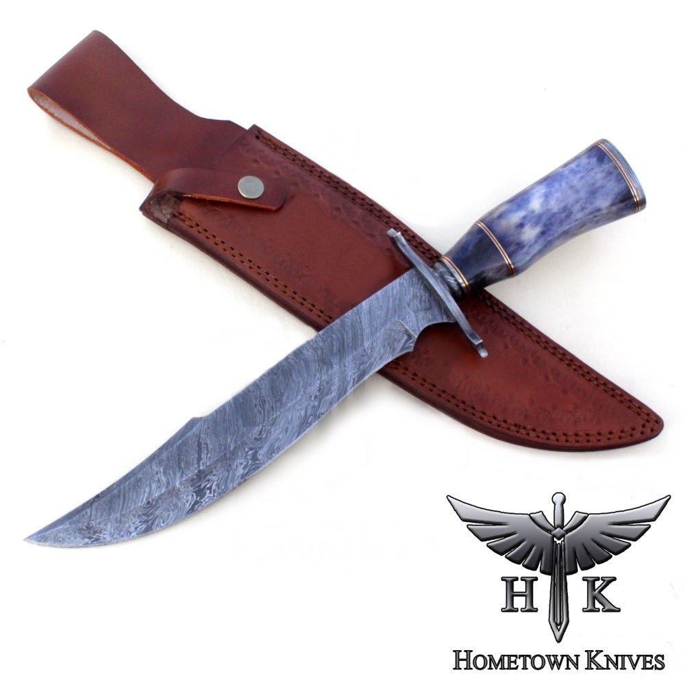 HTK1027 Damascus Knife Custom Handmade Bowie / Color Camel Bone Handle / Damascus Fittings