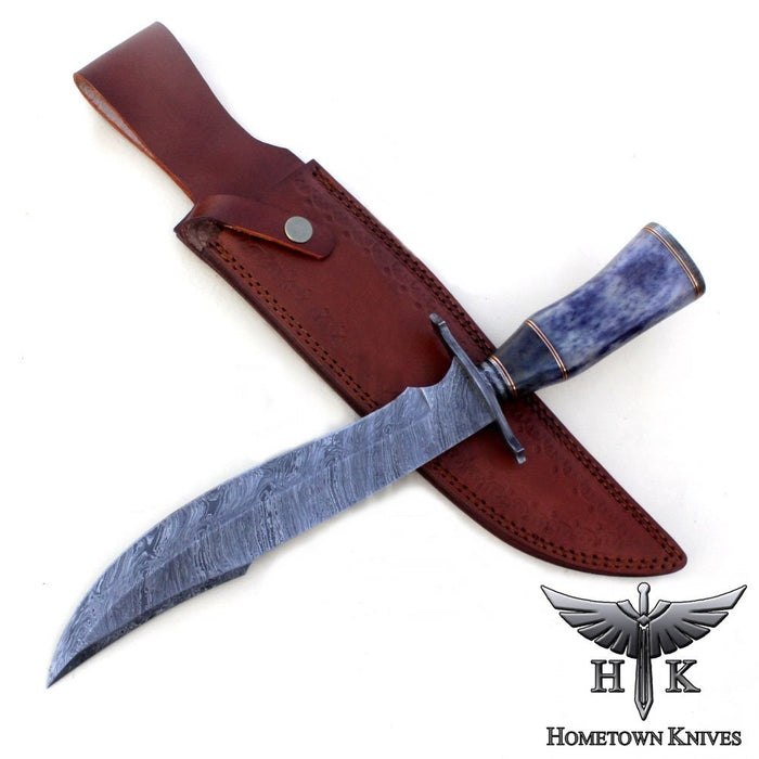 HTK1027 Damascus Knife Custom Handmade Bowie / Color Camel Bone Handle / Damascus Fittings