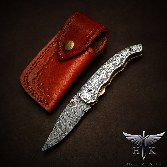 HTK2157  Damascus Knife Custom Handmade Liner Lock Pocket knife Folder / White Copper Handle