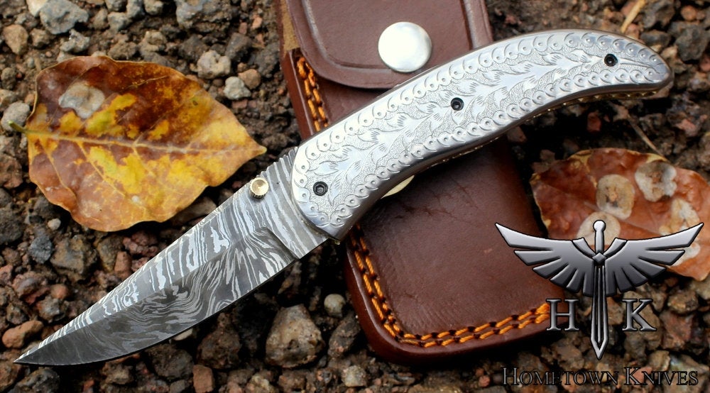 HTK7029  Damascus Knife Custom Handmade Liner Lock Pocket knife Folder / Stainless Steel engraved  Handle