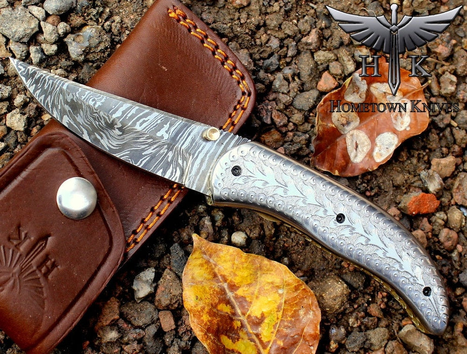 HTK7029  Damascus Knife Custom Handmade Liner Lock Pocket knife Folder / Stainless Steel engraved  Handle