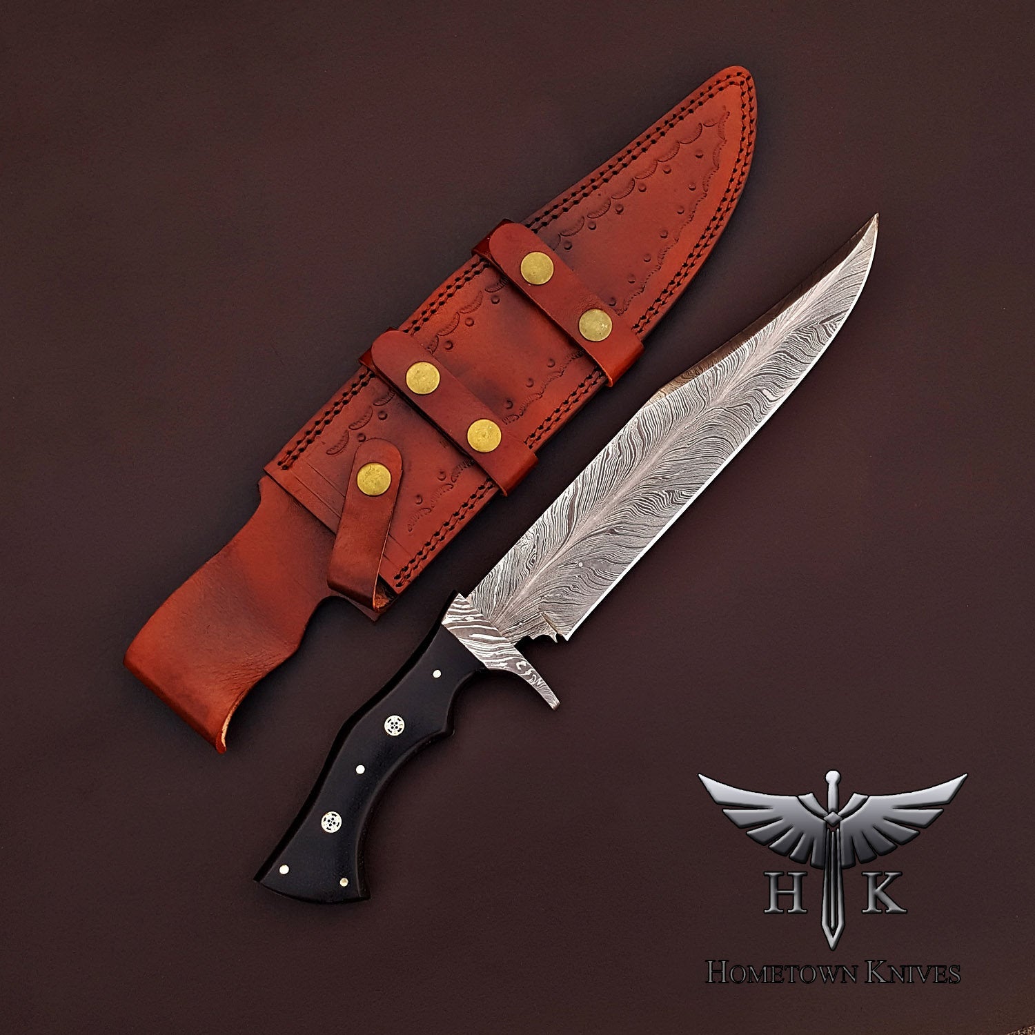HTK-2083  Handmade Damascus Steel Hunting Bowie Knife Feather Pattern Blade Micarta Handle