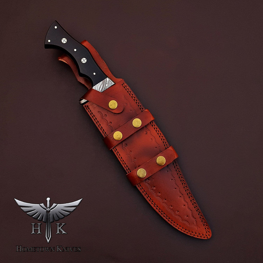 HTK-2083  Handmade Damascus Steel Hunting Bowie Knife Feather Pattern Blade Micarta Handle