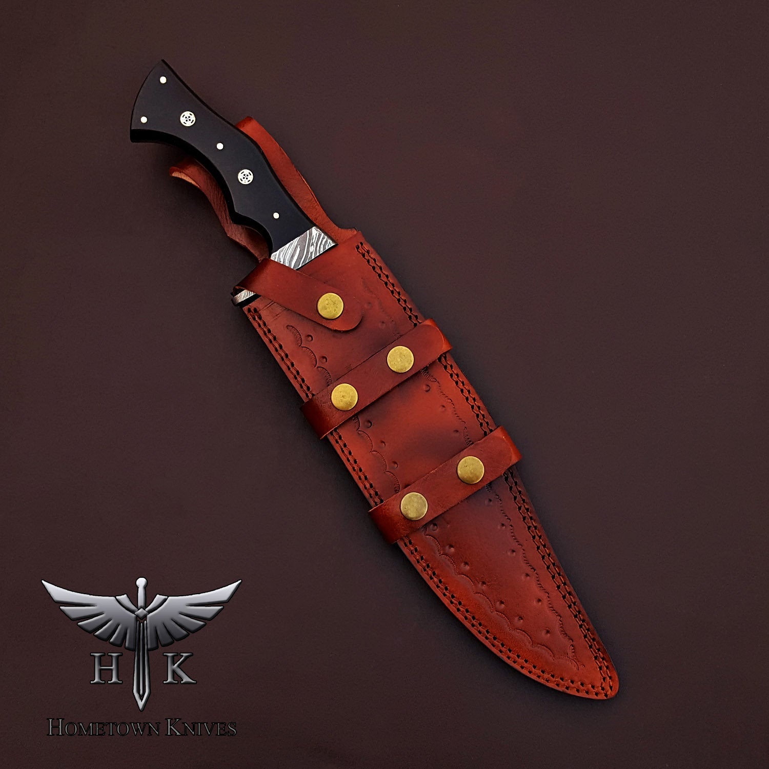 HTK-2083  Handmade Damascus Steel Hunting Bowie Knife Feather Pattern Blade Micarta Handle