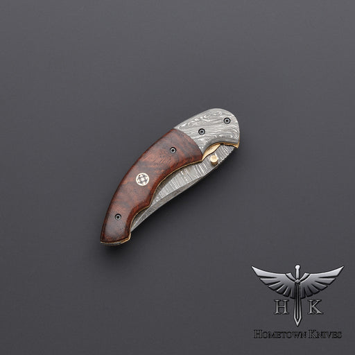 HTK-0070 Handmade Damascus Steel Pocket Folding Knife Liner Lock Rose Wood handle - HomeTown Knives