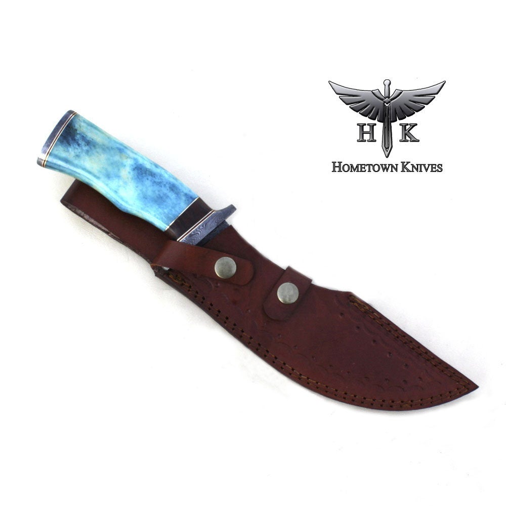 HTK-1026  Handmade Damascus Steel Hunting Bowie Knife Ladder Pattern Blade Colored Camel Bone Handle - HomeTown Knives