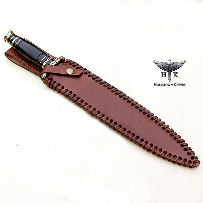 HTK-0084 Handmade Damascus Steel Hunting Dagger Knife Feather Pattern Blade Buffalo Horn Handle - HomeTown Knives