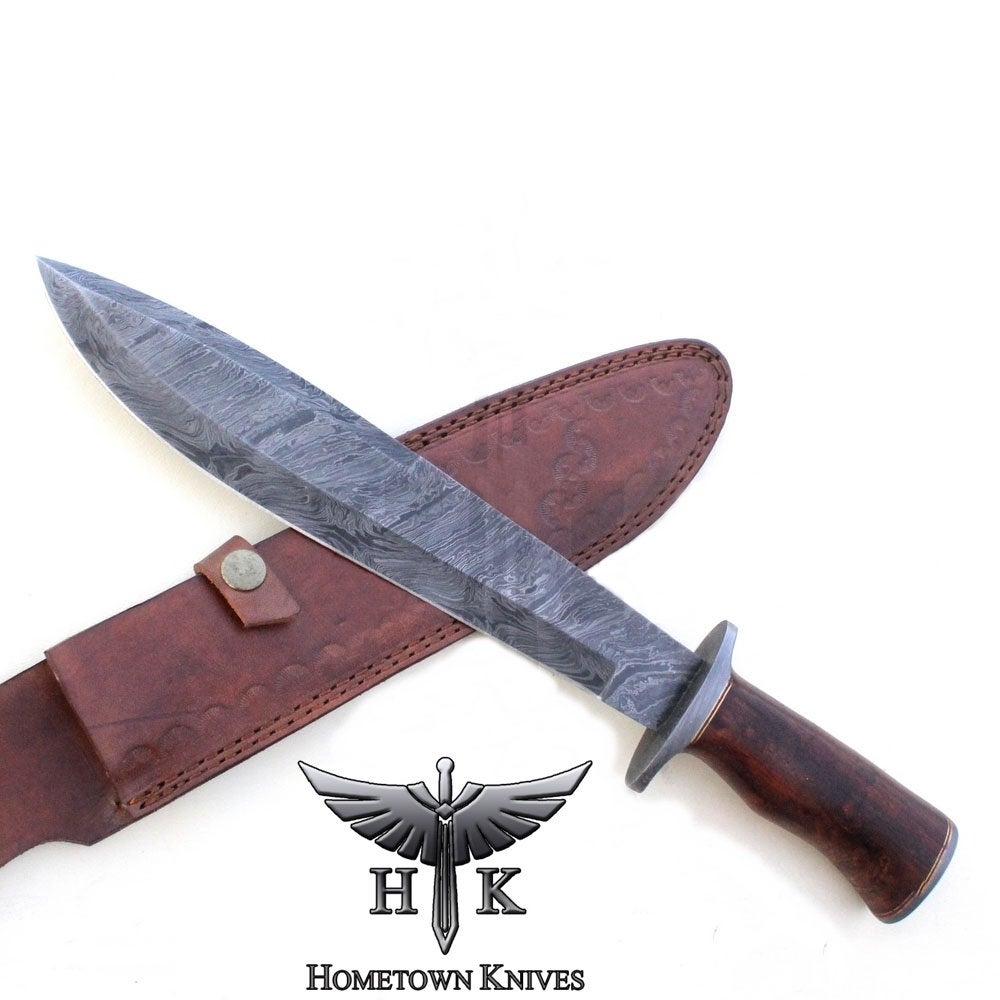 HTK-1066 Handmade Damascus Steel Hunting Bowie Knife Fire Storm Pattern Blade Rose Wood Handle