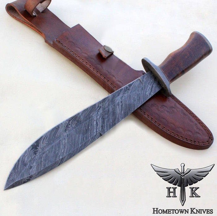 HTK-1066 Handmade Damascus Steel Hunting Bowie Knife Fire Storm Pattern Blade Rose Wood Handle