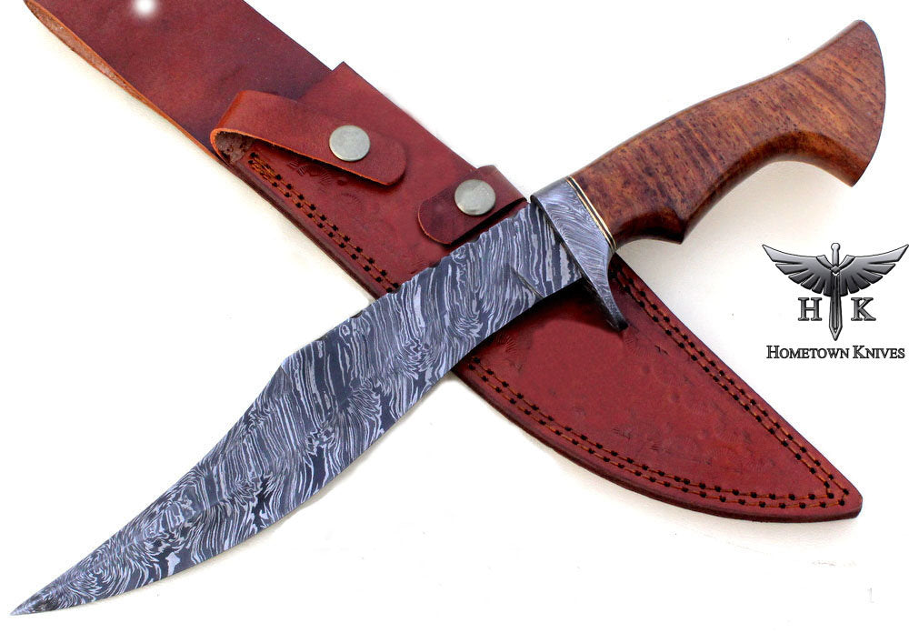 HTK-1021 Handmade Damascus Steel Hunting Bowie Knife Fire Storm Pattern Blade Oilve Wood Handle