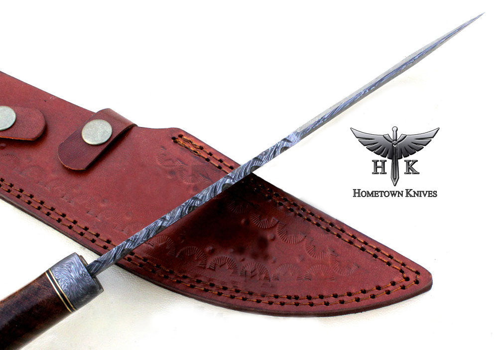 HTK-1021 Handmade Damascus Steel Hunting Bowie Knife Fire Storm Pattern Blade Oilve Wood Handle