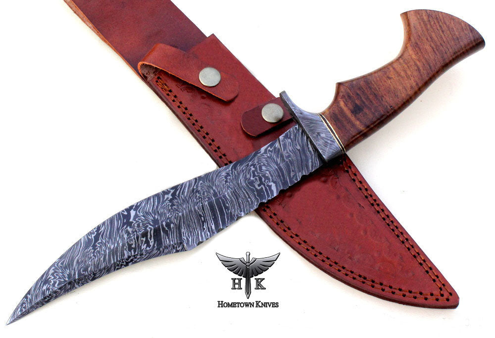 HTK-1021 Handmade Damascus Steel Hunting Bowie Knife Fire Storm Pattern Blade Oilve Wood Handle