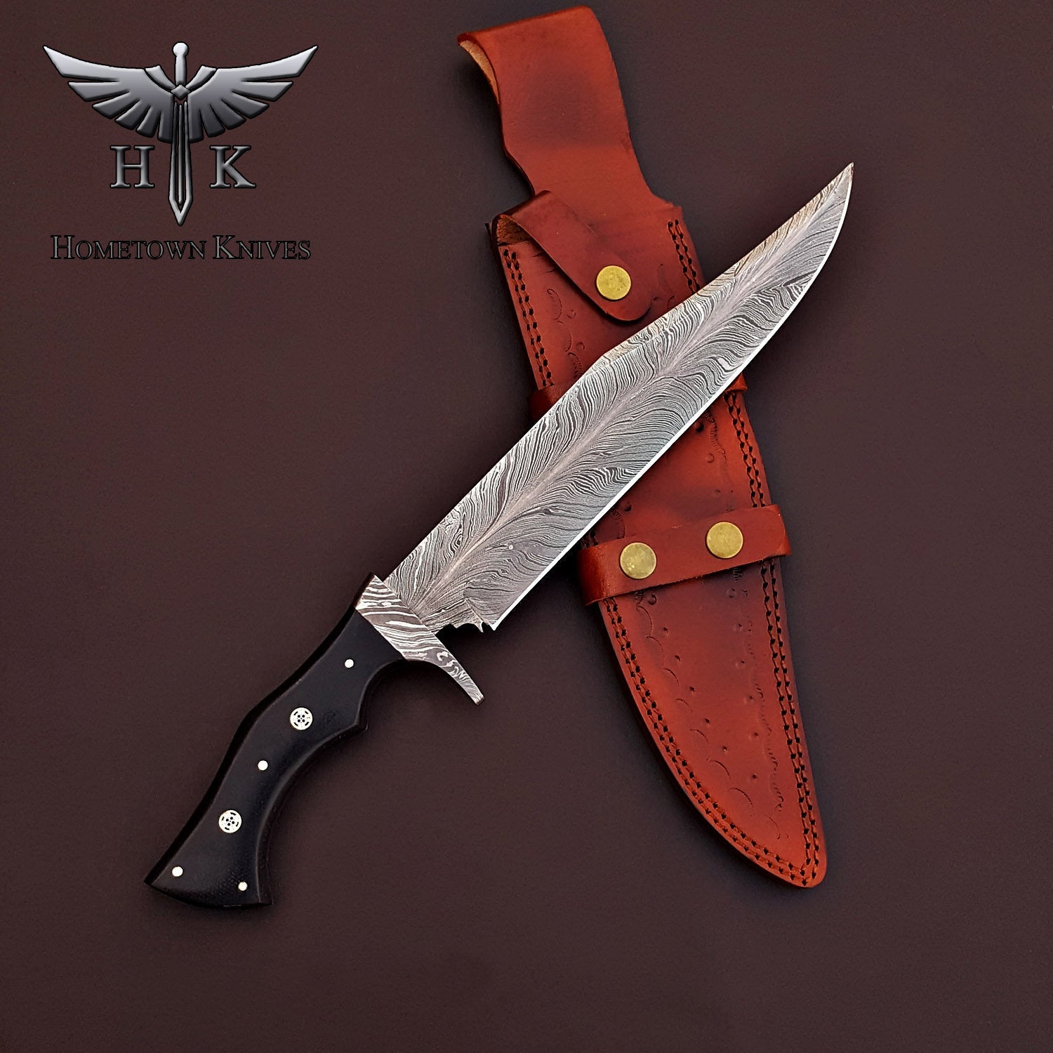 HTK-2083  Handmade Damascus Steel Hunting Bowie Knife Feather Pattern Blade Micarta Handle