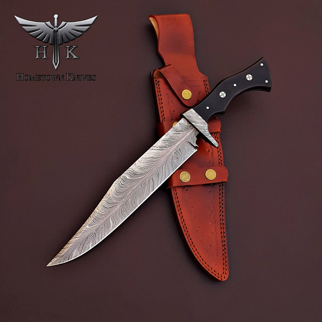 HTK-2083  Handmade Damascus Steel Hunting Bowie Knife Feather Pattern Blade Micarta Handle