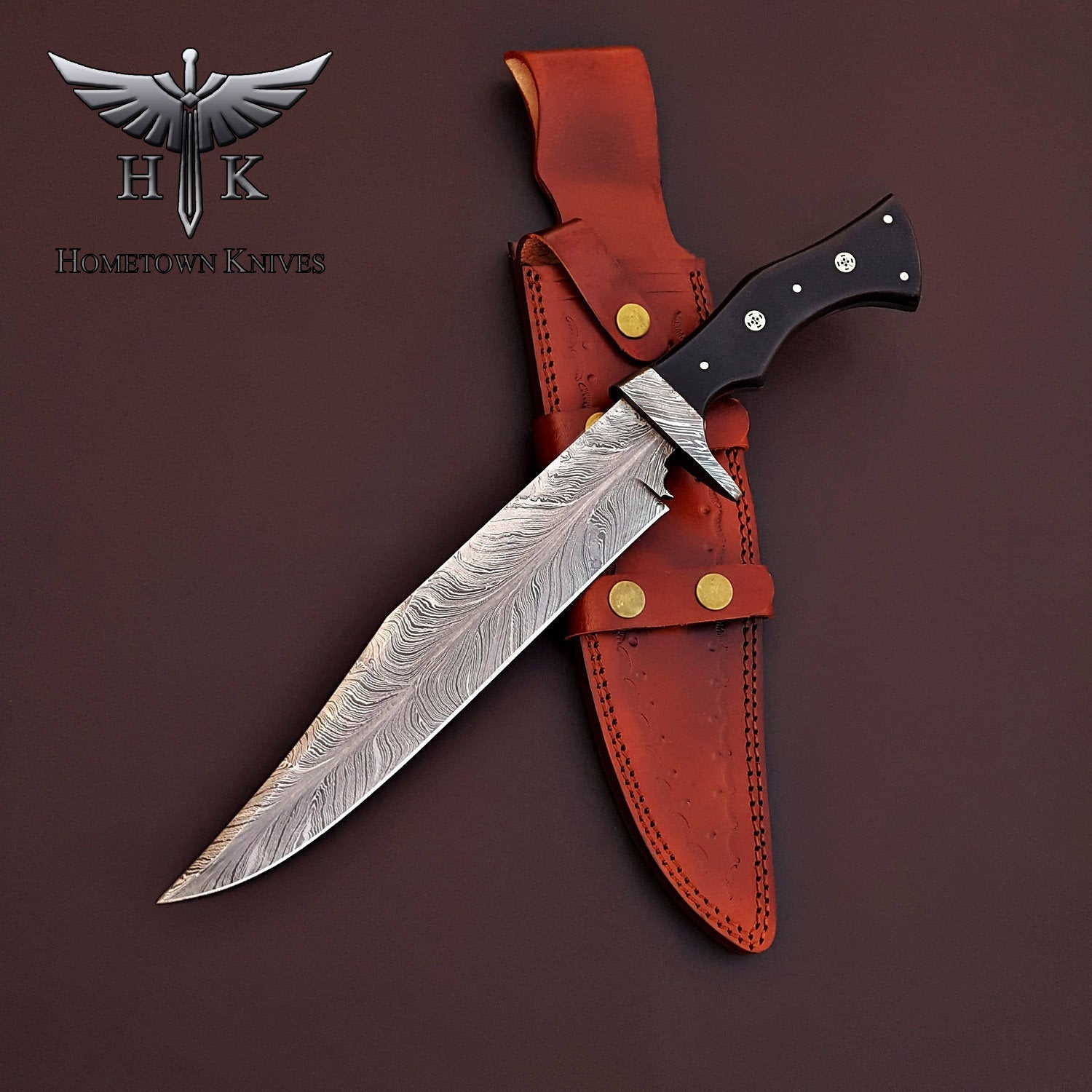 HTK-2083  Handmade Damascus Steel Hunting Bowie Knife Feather Pattern Blade Micarta Handle