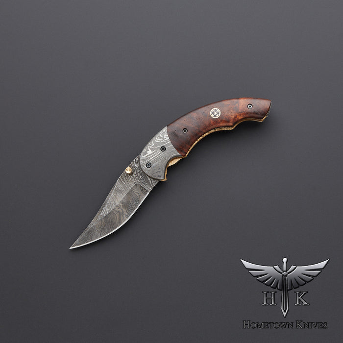 HTK-0070 Handmade Damascus Steel Pocket Folding Knife Liner Lock Rose Wood handle - HomeTown Knives