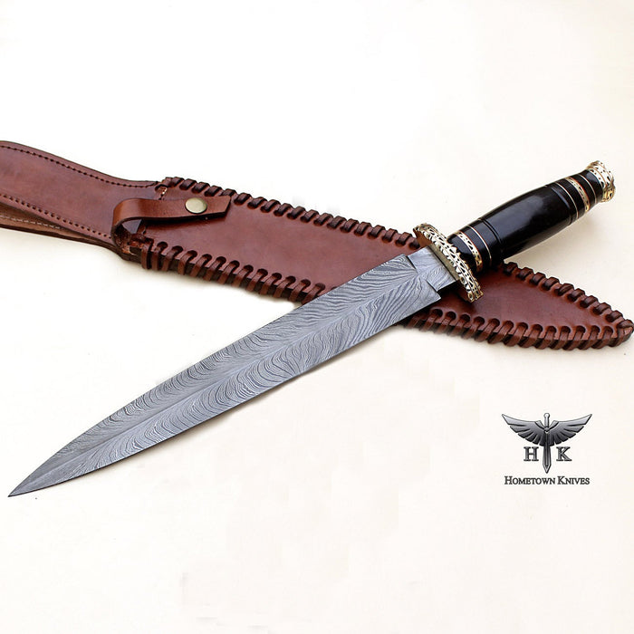 HTK-0084 Handmade Damascus Steel Hunting Dagger Knife Feather Pattern Blade Buffalo Horn Handle - HomeTown Knives