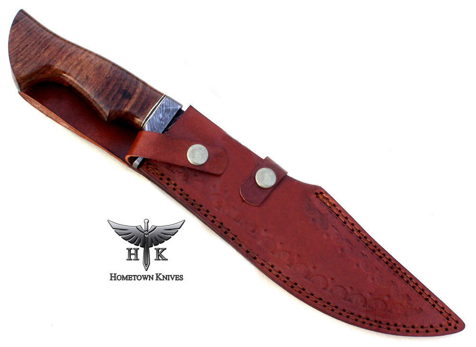 HTK-1021 Handmade Damascus Steel Hunting Bowie Knife Fire Storm Pattern Blade Oilve Wood Handle